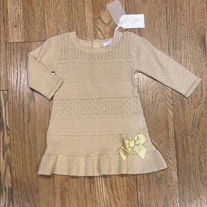 Elegant Gold Knit Kids Dress with Bow
